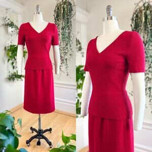 Vintage 1950s Knit Set 50s Red Wool Sweater Top Skirt Matching Two Piece